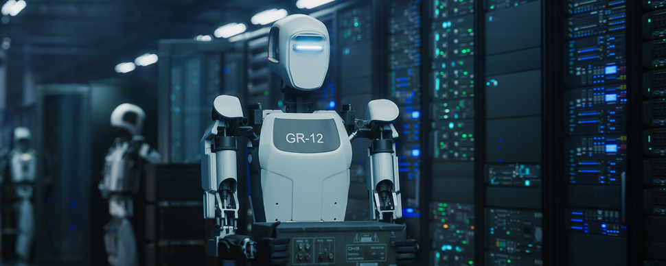 Ein silberner Roboter mit leuchtenden Augen bewegt sich durch einen hightech Raum.