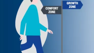 Illustration einer Person, die zwischen Komfortzone und Wachstumszone steht.