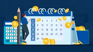 Illustration eines großen Kalenders mit Münzen und einem Taschenrechner.