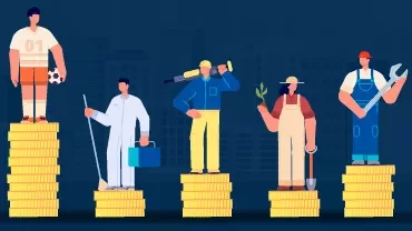 Illustration von Personen auf Münzstapeln: Sportler, Reinigungskraft, Arbeiter, Gärtner, Mechaniker.