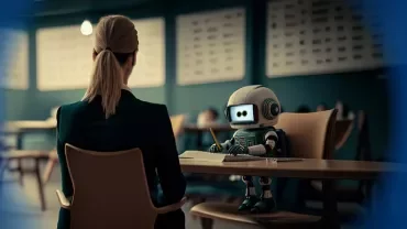 Kleine Roboterfigur sitzt an einem Tisch mit einer Person.