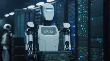 Ein Roboter steht in einer IT-Umgebung mit Servern und Bildschirmen.