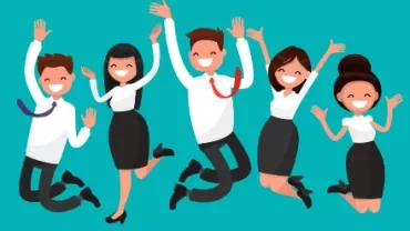 Fünf Menschen springen fröhlich in die Luft.