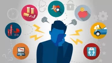 Silhouette einer Person von Gedankenblasen umgeben, Symbole für Gesundheit, Geld, Familie und Auto.