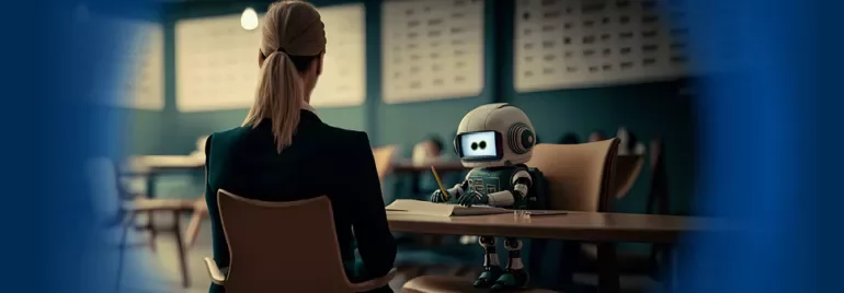 Kleine Roboterfigur sitzt an einem Tisch mit einer Person.
