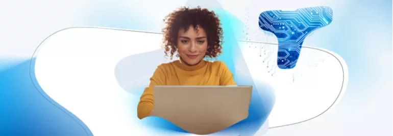 Frau am Computer vor Talent-Trends-Hintergrund