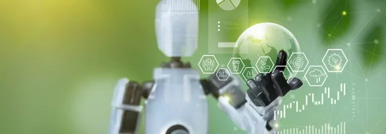 Ein Roboter hält in seiner geöffneten Hand eine leuchtende, schwebende Kugel.