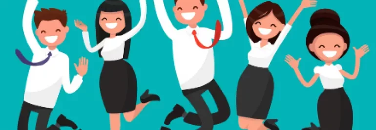 Fünf Menschen springen fröhlich in die Luft.