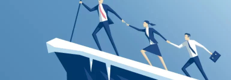 Illustration von Personen, die auf einen Berg klettern.
