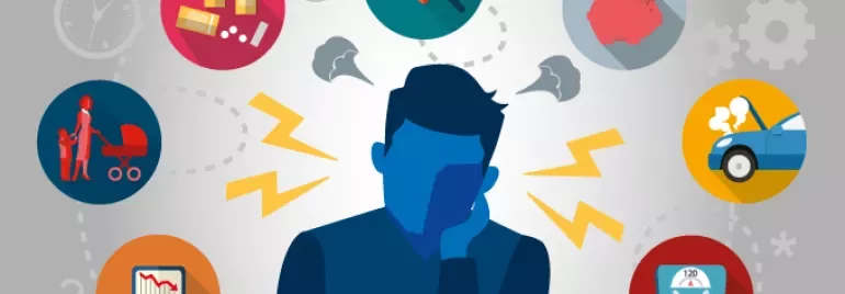 Silhouette einer Person von Gedankenblasen umgeben, Symbole für Gesundheit, Geld, Familie und Auto.