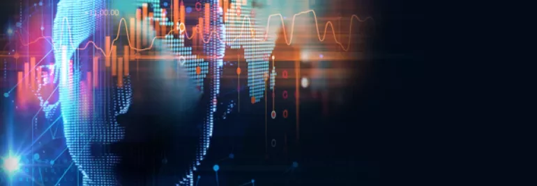 Abstrakte Darstellung eines digitalen Gesichts mit Datenvisualisierung.