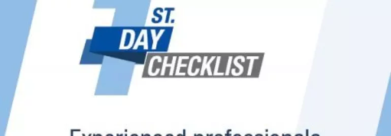 Grafik mit der Aufschrift '1st Day Checklist' und 'Experienced professionals'.