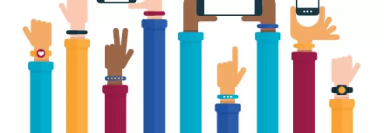 Verschiedene Hände halten Smartphones und Tablets.