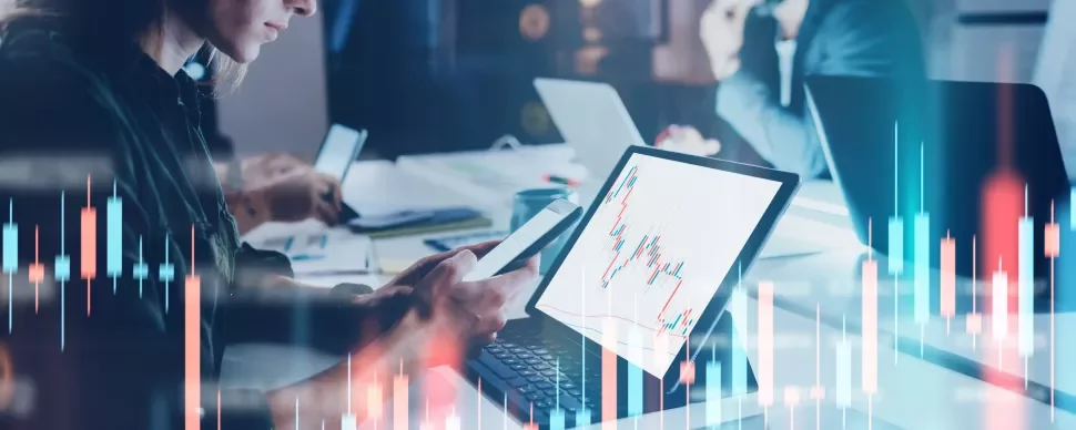 Person arbeitet am Laptop mit Finanzdiagrammen.