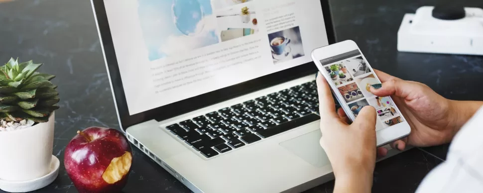 Person betrachtet Handy und Laptop, Apfel und Pflanze daneben.
