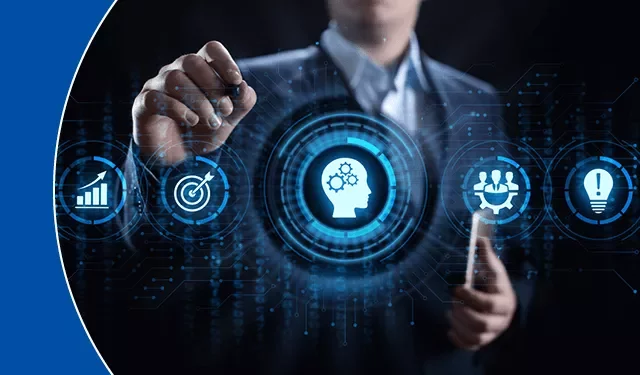 Mensch berührt digitales Interface mit verschiedenen Symbolen.