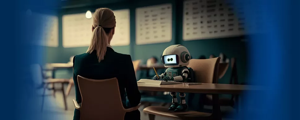 Kleine Roboterfigur sitzt an einem Tisch mit einer Person.