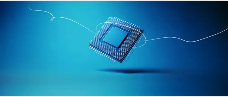 Eine CPU vor einem blauen Hintergrund mit Farbverlauf