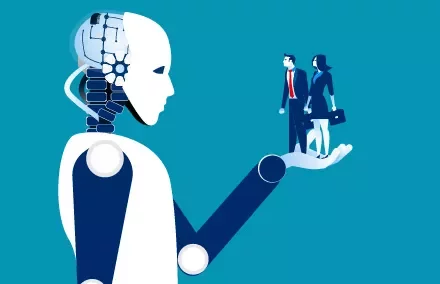 Roboter hält zwei Personen in der Hand