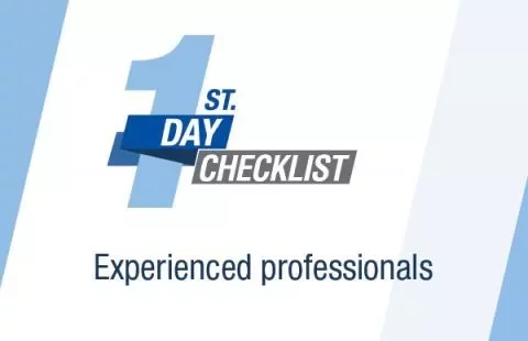 Grafik mit der Aufschrift '1st Day Checklist' und 'Experienced professionals'.